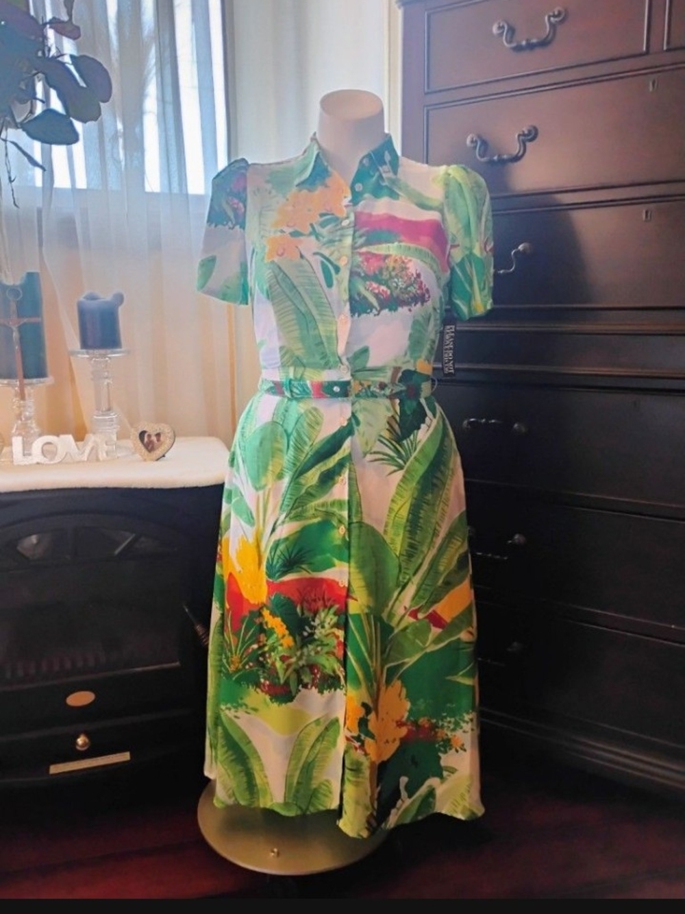 New York & Company Tropical Button-Front Dress in Green and Yellow